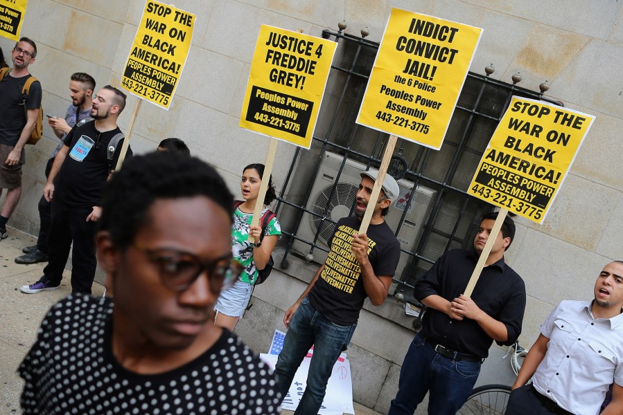 A group of demonstrators gather to protest the death of Freddie Gray on Sept. 2, 2015 in Baltimore, Md. (Photo by Chip Somodevilla/Getty)