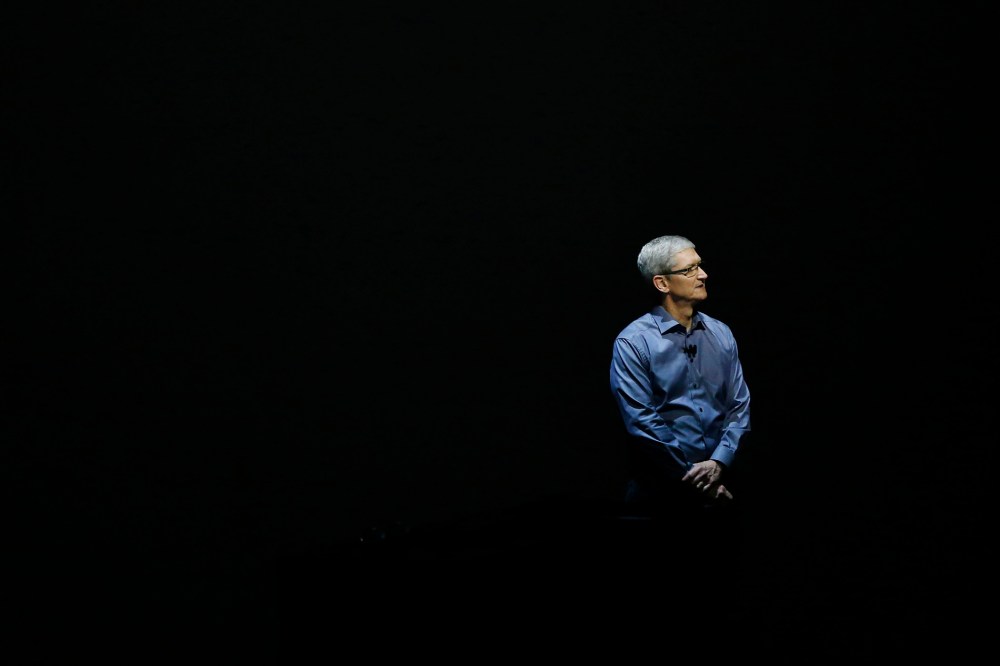Apple CEO Tim Cook stands on stage during a Special Event at Bill Graham Civic Auditorium Sept. 9, 2015 in San Francisco, Calif. (Photo by Stephen Lam/Getty)