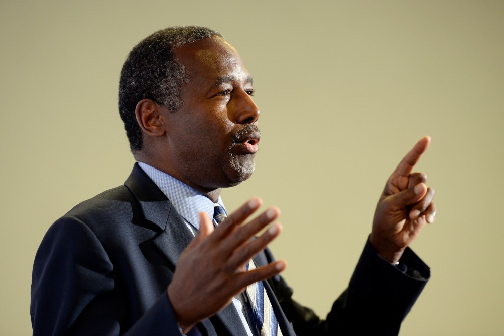 Republican presidential candidate Ben Carson speaks during new conference before a campaign rally at the Anaheim Convention Center Sept. 9, 2015 in Anaheim, Calif. (Photo by Kevork Djansezian/Getty)
