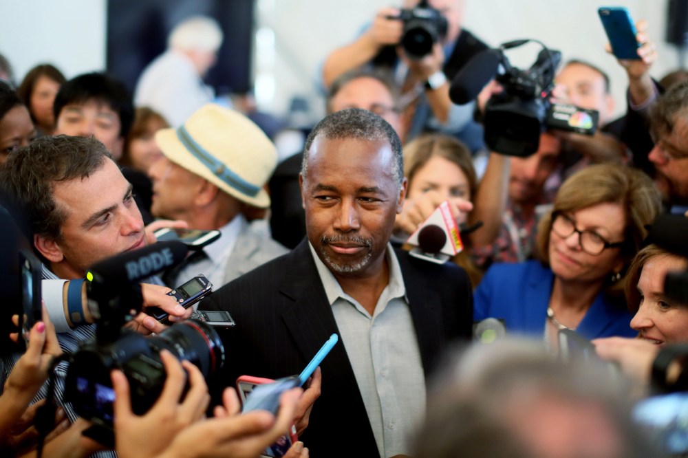 Republican candidate Dr. Ben Carson speaks to reporters before the start of the Republican Presidential Debates at the Reagan Library on Sept. 16, 2015 in Simi Valley, Calif. (Photo by Sandy Huffaker/Getty)