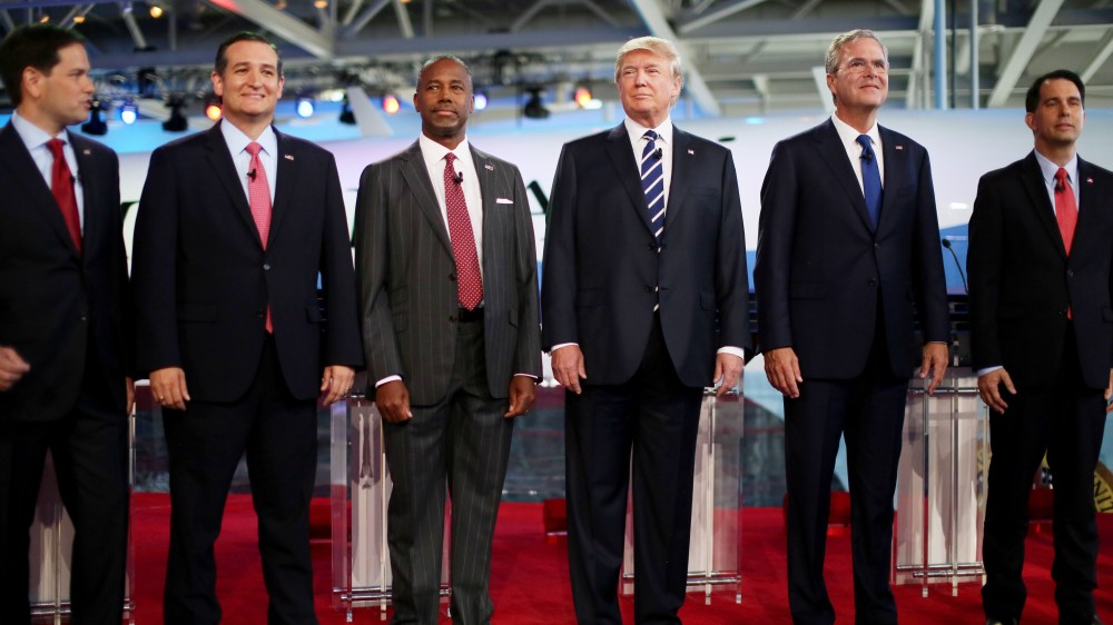 Republican presidential candidates stand onstage during the presidential debates at the Reagan Library on Sept. 16, 2015 in Simi Valley, Calif. (Photo by Sandy Huffaker/Getty)