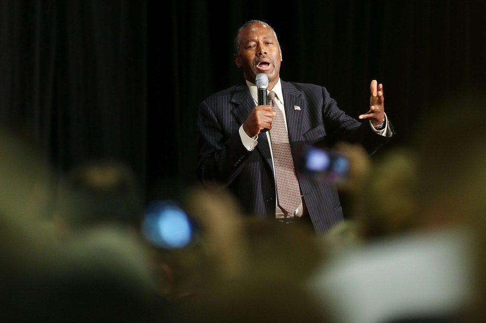 Republican presidential candidate Dr. Ben Carson speaks at a campaign rally on Sept. 22, 2015 in Sharonville, Ohio. (Photo by Mark Lyons/Getty)