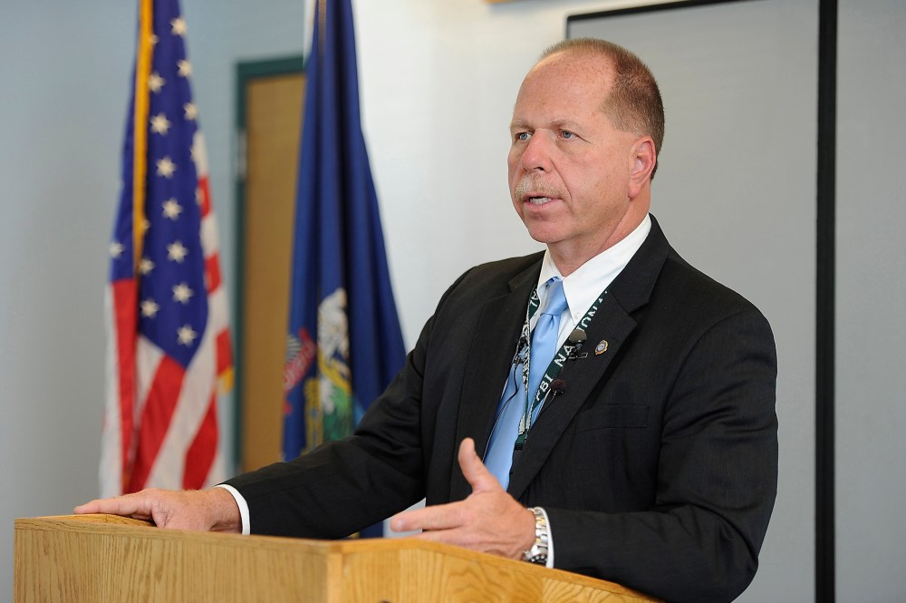Cumberland County Sheriff Kevin Joyce addresses a contentious new policy at the Portland jail that requires female attorneys to remove their underwire bras to meet with their inmate clients. (Photo by Gordon Chibroski/Portland Press Herald/Getty)
