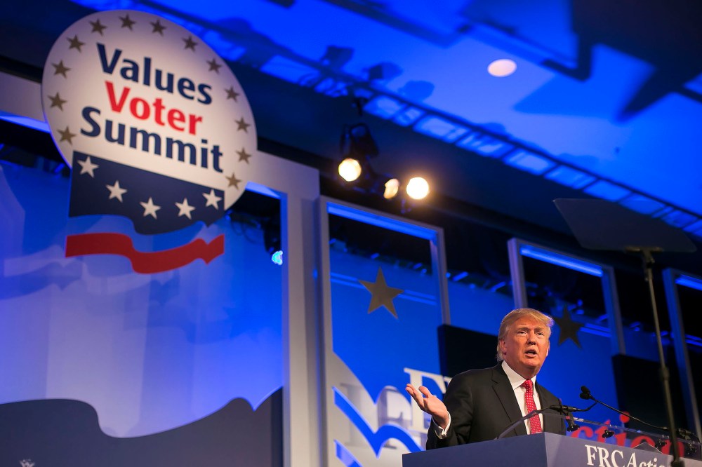 Republican presidential candidate Donald Trump speaks at the Values Voters Summit at the Omni Shoreham hotel in Washington D.C., Sept. 25, 2015. (Photo By Al Drago/CQ Roll Call/Getty)