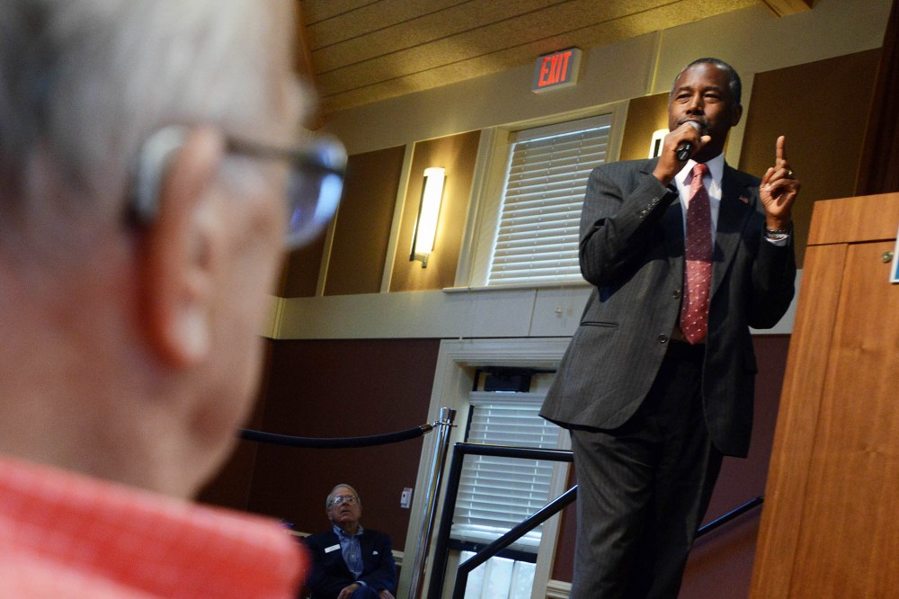 Republican presidential candidate Ben Carson speaks during a town hall event at River Woods Sept. 30, 2015 in Exeter, NH. (Photo by Darren McCollester/Getty)