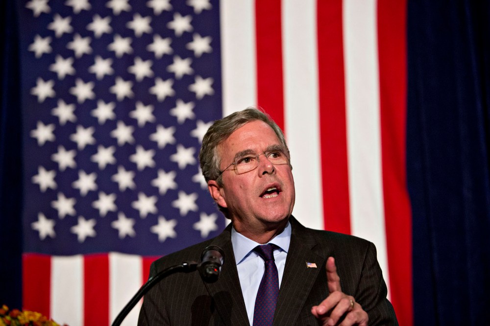 Jeb Bush, former Governor of Florida and 2016 Republican presidential candidate, speaks during the Scott County Republican party Ronald Reagan Dinner in Davenport, Ia., Oct. 6, 2015. (Photo by Daniel Acker/Bloomberg/Getty)