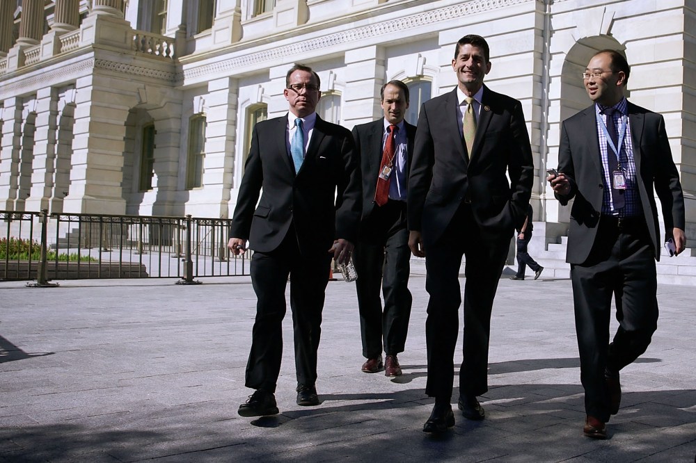 U.S. Rep. Paul Ryan (R-WI) is followed by members of the media as he leaves after a meeting with Republican Study Committee, Oct. 20, 2015 at the Capitol in Washington, DC. (Photo by Alex Wong/Getty)
