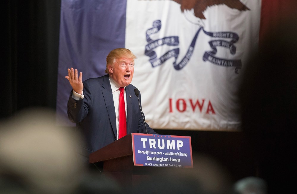 Republican presidential candidate Donald Trump speaks to guests at a campaign rally at Burlington Memorial Auditorium on Oct. 21, 2015 in Burlington, Ia. (Photo by Scott Olson/Getty)
