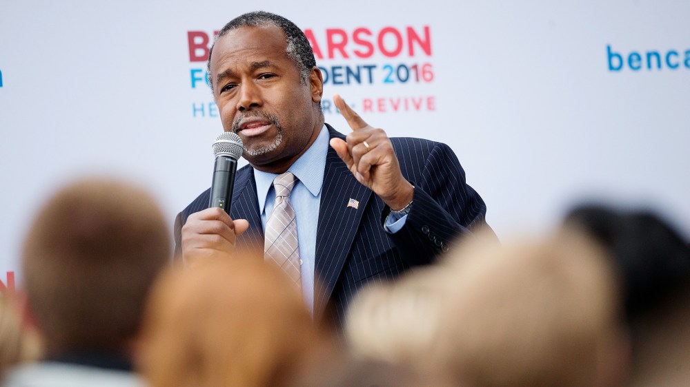 Republican presidential candidate Ben Carson speaks outside the Alpha Gamma Rho house during a campaign stop at Iowa State University on Oct. 24, 2015 in Ames, Iowa. (Photo by Scott Olson/Getty)