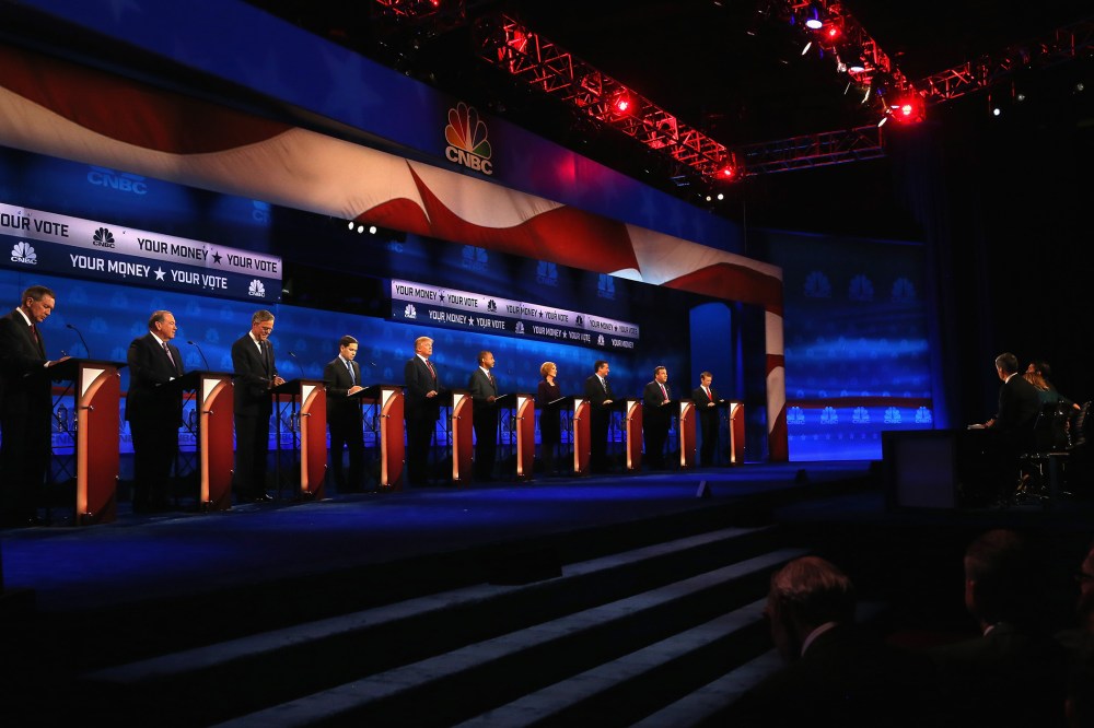 Presidential candidates take the stage at the CNBC Republican Presidential Debate at University of Colorado's Coors Events Center Oct. 28, 2015 in Boulder, Colo. (Photo by Justin Sullivan/Getty)
