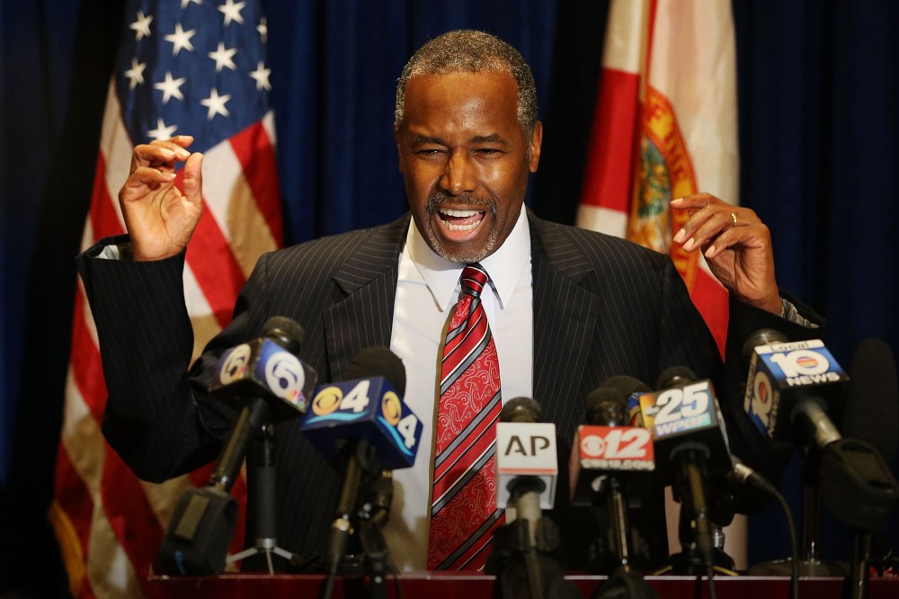 Republican presidential candidate Ben Carson speaks to the media at the PGA National Resort on Nov. 6, 2015 in Palm Beach, Fla. (Photo by Joe Raedle/Getty)