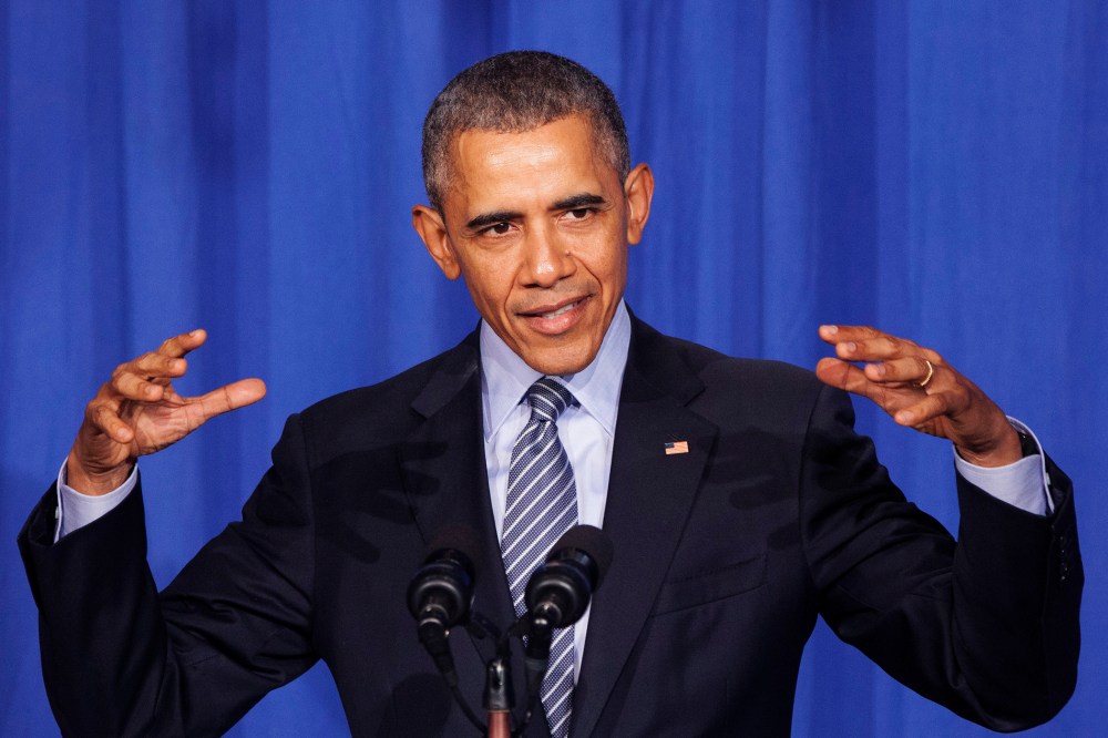 U.S. President Barack Obama makes remarks at an Organizing for Action dinner on Nov. 9, 2015 in Washington, DC. (Photo by Chris Kleponis/Pool/Getty)