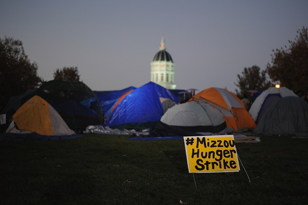 Tents remain on the Mel Carnahan quad on the campus of University of Missouri on Nov. 9, 2015 in Columbia, Mo. (Photo by Michael B. Thomas/Getty)