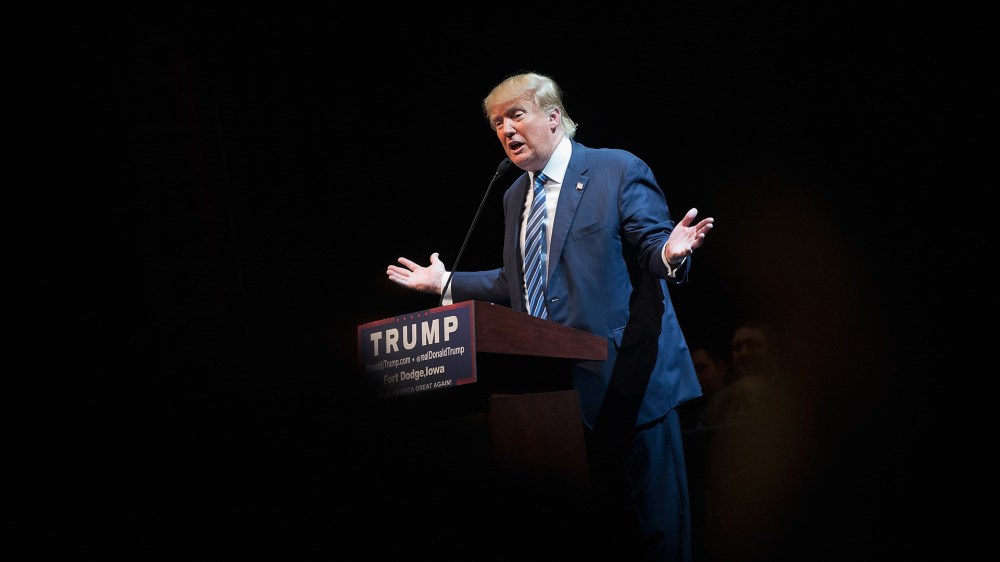 Republican presidential candidate Donald Trump speaks to guests during a campaign stop at Iowa Central Community College on Nov. 12, 2015 in Fort Dodge, Iowa. (Photo by Scott Olson/Getty)