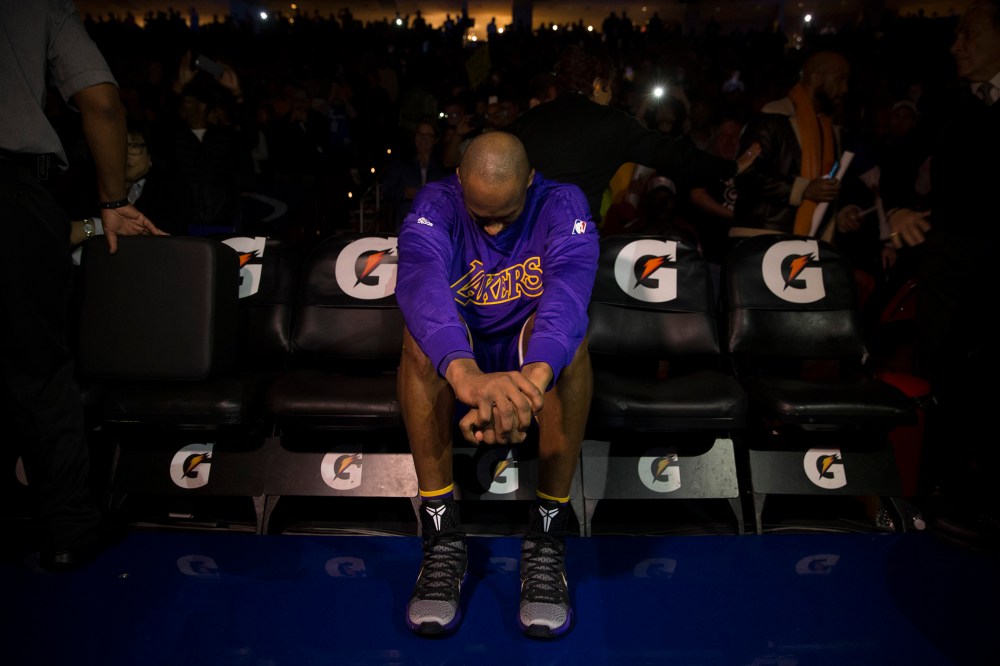 Kobe Bryant of the Los Angeles Lakers sits on the bench prior to the game against the Philadelphia 76ers on Dec. 1, 2015 at the Wells Fargo Center in Philadelphia, Penn. (Photo by Mitchell Leff/Getty)