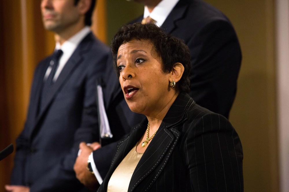United States Attorney General Loretta E. Lynch holds a press conference in relation and enforcement action relating to FIFA and the arrests of officials Alfredo Hawit and Juan Ángel Napout, Dec. 3, 2015. (Photo by Keith Lane/Getty)