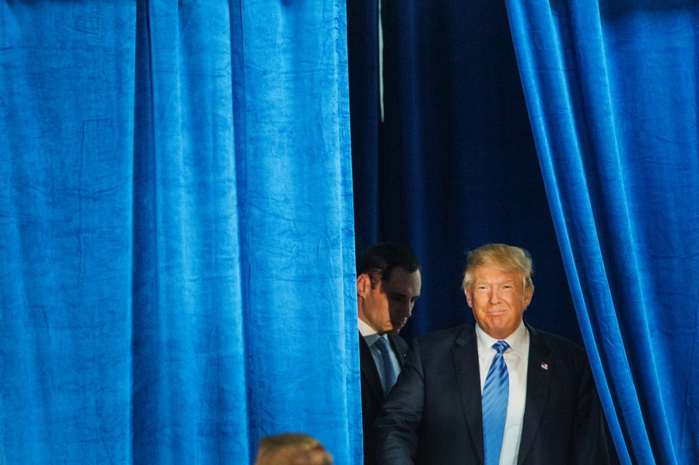 Republican presidential candidate Donald Trump arrives for a campaign event at Mississippi Valley Fairgrounds on Dec. 5, 2015 in Davenport, Iowa. (Photo by Scott Olson/Getty)