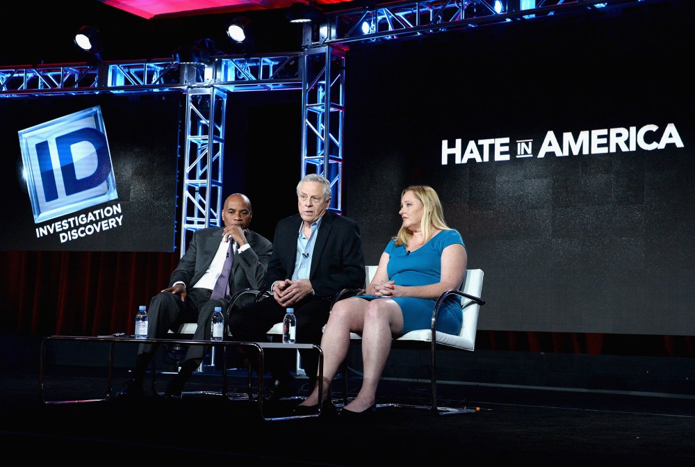 "Hate In America" Host Tony Harris, Founder, Southern Poverty Law Center Morris Dee, and Intelligence Project Director Heidi Beirich speak during the Discovery Communications TCA Winter 2016, Jan. 7, 2016, Pasadena, Calif. (Photo by Amanda Edwards/Getty)