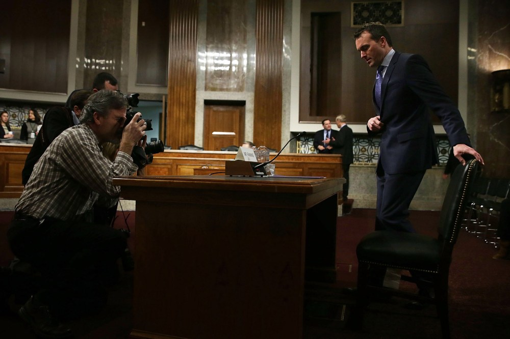 Acting U.S. Secretary of the Army Eric Fanning takes his seat as he arrives at his confirmation hearing Jan. 21, 2016 on Capitol Hill in Washington, DC. (Photo by Alex Wong/Getty)