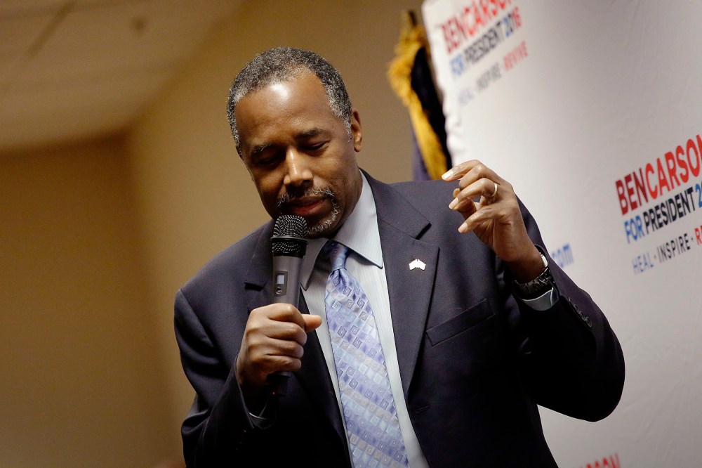 Republican presidential candidate Ben Carson speaks during his "Trust in God" town hall event Jan. 24, 2016 in Marshalltown, Iowa. (Photo by Joshua Lott/Getty)
