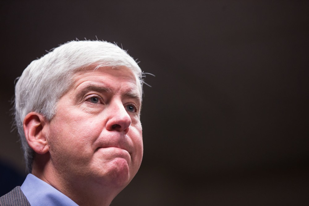 Michigan Gov. Rick Snyder speaks to the media regarding the status of the Flint water crisis on Jan. 27, 2016 at Flint City Hall in Flint, Mich. (Photo by Brett Carlsen/Getty)