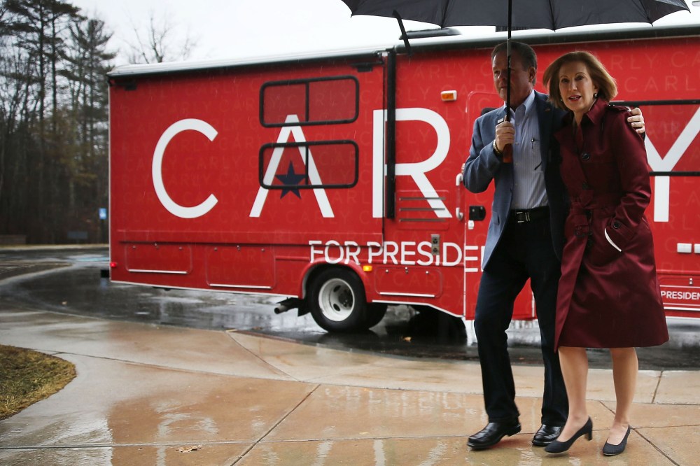 Republican presidential candidate Carly Fiorina and her husband Frank Fiorina arrive for a town hall on Feb. 3, 2016 in Stratham, N.H. (Photo by Joe Raedle/Getty)
