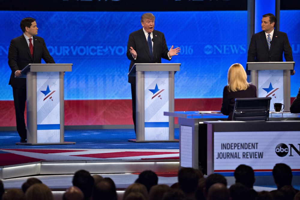 Donald Trump speaks at the Republican presidential candidate debate sponsored by ABC News and the Independent Journal Review at Saint Anselm College in Manchester, N.H., Feb. 6, 2016. (Photo by Andrew Harrer/Bloomberg/Getty)