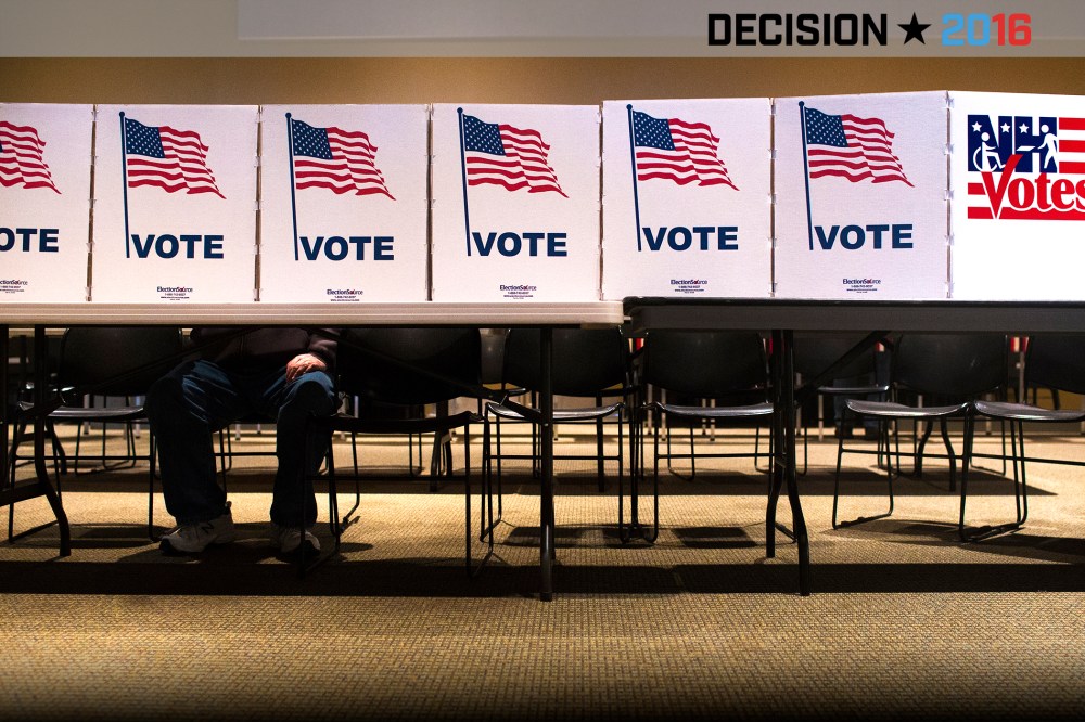 A voter casts their ballot at a polling place at the CrossWay Christian Church in Nashua, N.H., Feb. 9, 2016. (Photo by Cassi Alexandra/For The Washington Post/Getty)