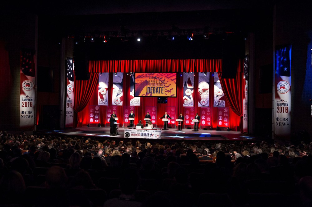 Republican Presidential candidates participate in the Republican presidential candidate debate sponsored by CBS News and the Republican National Committee at the Peace Center in Greenville, S.C., Feb. 13, 2016. (Photo by Daniel Acker/Bloomberg/Getty)
