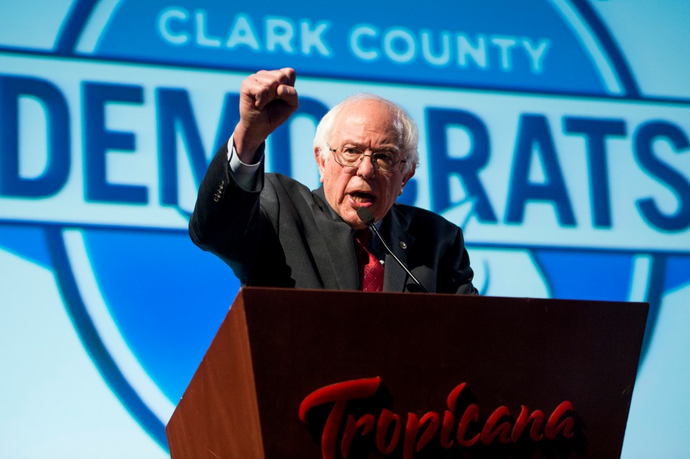 Bernie Sanders speaks during the Clark County Democratic Party Kick Off to Caucus Dinner at the Tropicana in Las Vegas, Nev., Feb. 18, 2016, two days before the Nevada Democrats' presidential caucus. (Photo By Bill Clark/CQ Roll Call/Getty)