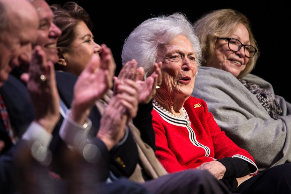 Former first lady Mrs. Barbara Bush listens to her son, Republican presidential candidate Jeb Bush, at a campaign event Feb. 19, 2016 in Greenville, S.C. (Photo by Sean Rayford/Getty)