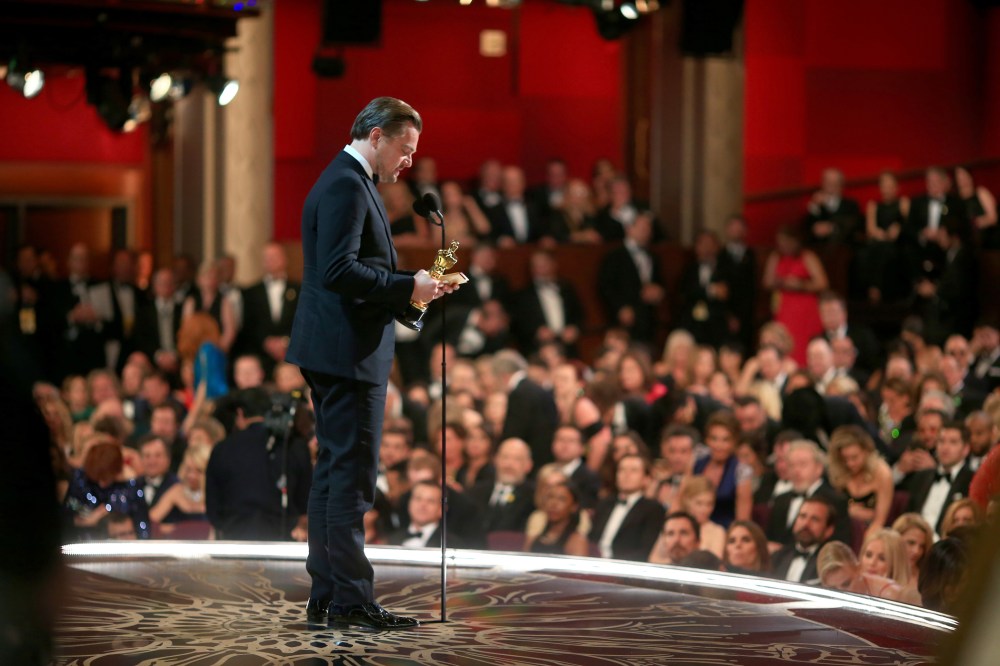 Actor Leonardo DiCaprio, winner of Best Actor for 'The Revenant,' speaks onstage the 88th Annual Academy Awards at Dolby Theatre on Feb. 28, 2016 in Hollywood, Calif. (Photo by Christopher Polk/Getty)