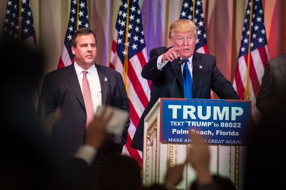 Republican presidential candidate Donald Trump takes questions, alongside New Jersey Gov. Chris Christie, left, during a campaign press event in Palm Beach, Fla., on March 01, 2016. (Photo by Jabin Botsford/The Washington Post/Getty)