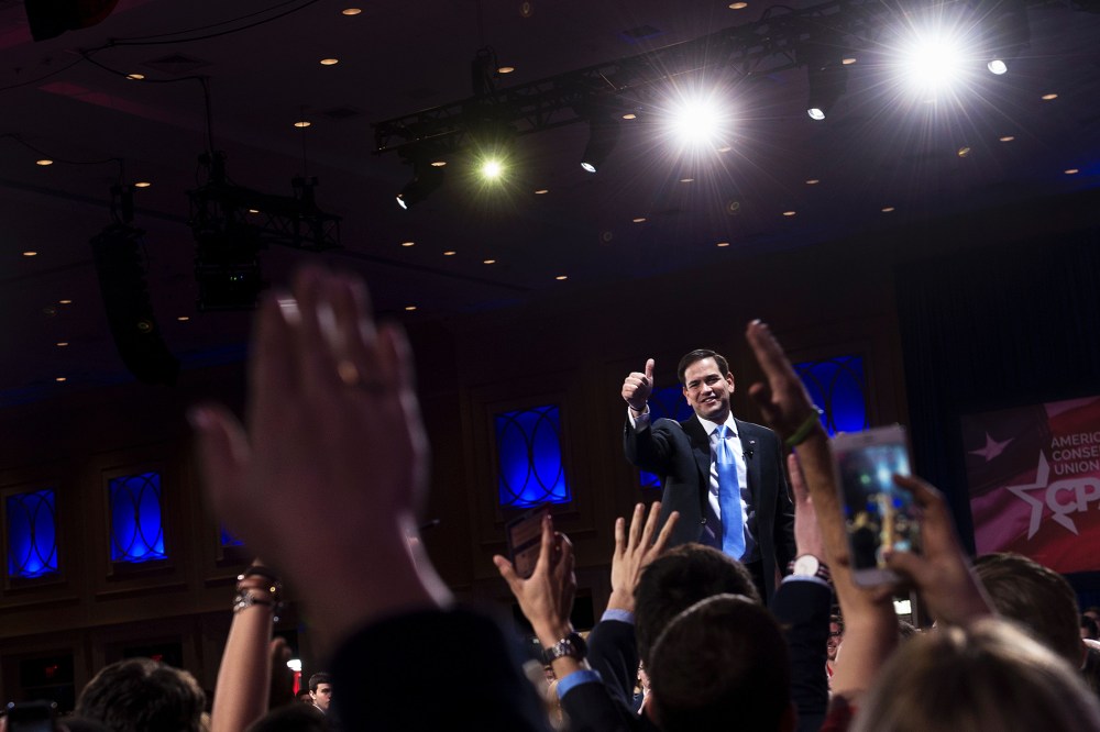 Republican Presidential hopeful Marco Rubio gives a thumbs up after speaking during the American Conservative Union Conservative Political Action Conference 2016 on March 5, 2016, in Oxon Hill, Md. (Photo by Brendan Smialowski/AFP/Getty)