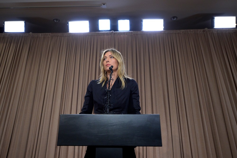 Tennis player Maria Sharapova addresses the media regarding a failed drug test at the Australian Open at The LA Hotel Downtown on March 7, 2016 in Los Angeles, Calif. (Photo by Kevork Djansezian/Getty)