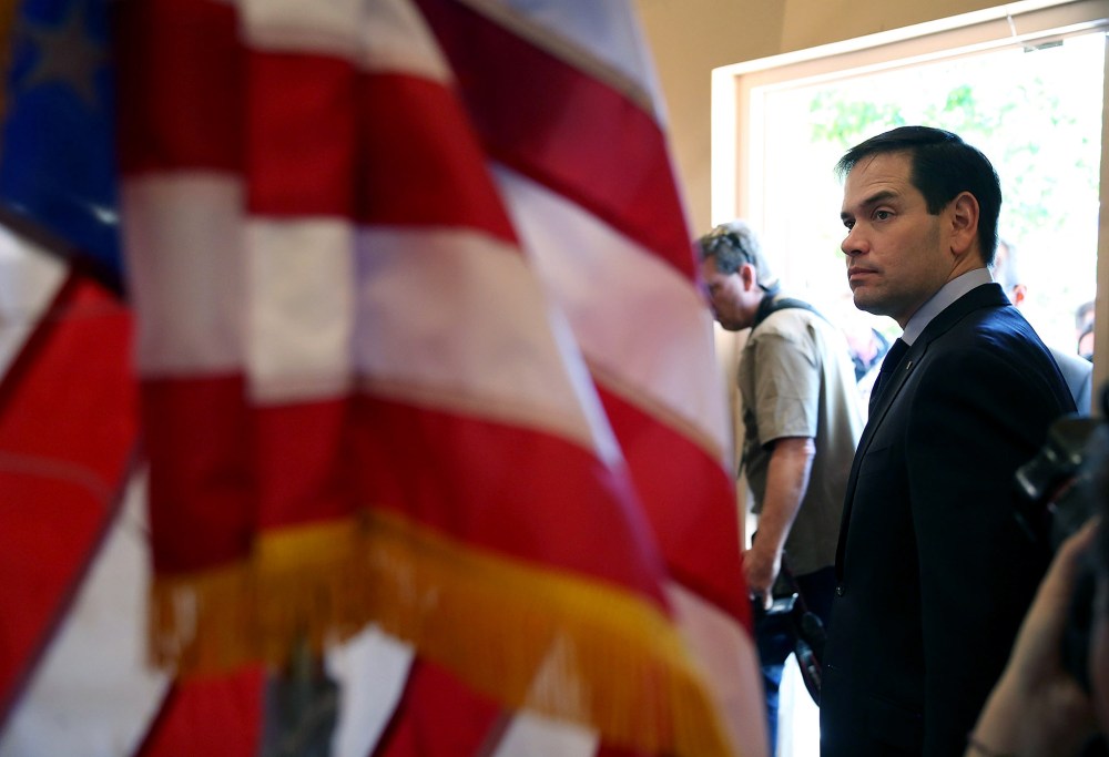Republican presidential candidate Sen. Marco Rubio waits to speak to the media during a press conference at the Temple Beth El on March 11, 2016 in West Palm Beach, Fl. (Photo by Joe Raedle/Getty)