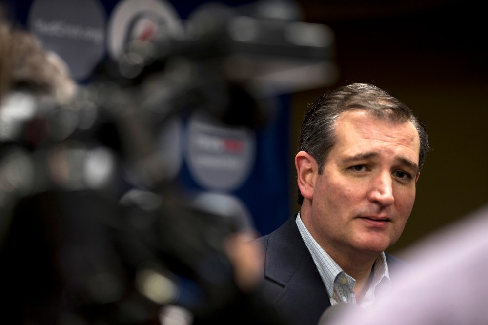Republican presidential candidate, Sen. Ted Cruz (R-TX) addresses the press after a campaign rally at the Adams Mark Hotel on March 12, 2016 in Kansas City, Mo. (Photo by Kyle Rivas/Getty)
