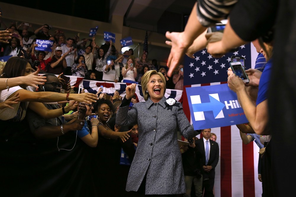 Democratic presidential candidate former Secretary of State Hillary Clinton greets supporters during a Get Out the Vote event at Grady Cole Center on March 14, 2016 in Charlotte, N.C. (Photo by Justin Sullivan/Getty)