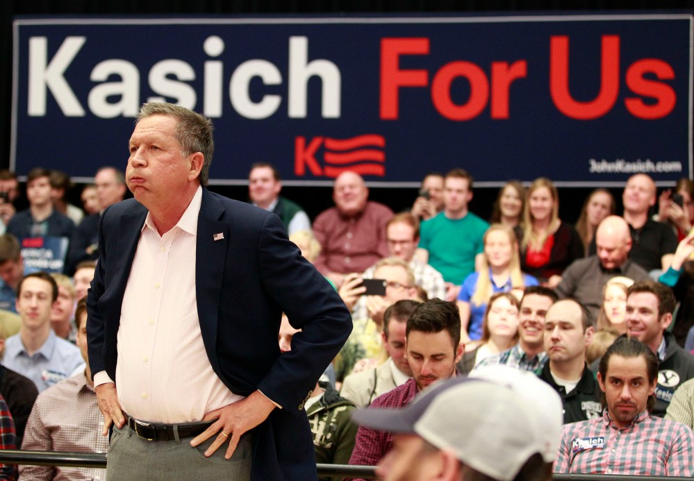 Republican presidential candidate and Ohio Governor John Katich waits for a town hall meeting to start on the campus of Utah Valley University on March 18, 2016 in Orem, Utah. (Photo by George Frey/Getty)