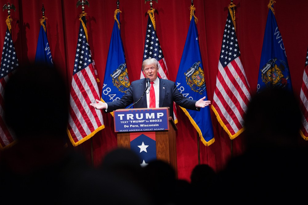 Republican presidential candidate Donald Trump speaks to guests during a campaign rally at St. Norbert College on March 30, 2016 in De Pere, Wis. (Photo by Scott Olson/Getty)