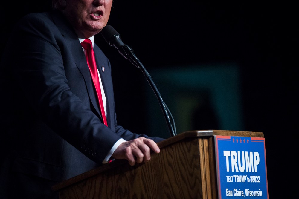 Republican presidential candidate Donald Trump speaks during a campaign event at the Memorial High School in Eau Claire, WI, April 02, 2016. (Photo by Jabin Botsford/The Washington Pos/Getty)