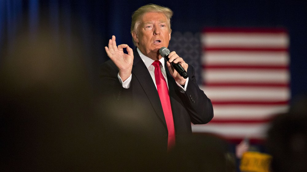 Donald Trump speaks during a campaign event in La Crosse, Wis., April 4, 2016. (Photo by Daniel Acker/Bloomberg/Getty)