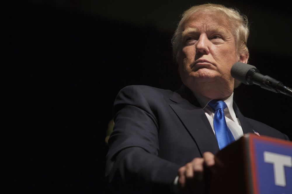 Donald Trump pauses as he speaks during a campaign event in Hartford, Conn., April 15, 2016. (Photo by Victor J. Blue/Bloomberg/Getty)