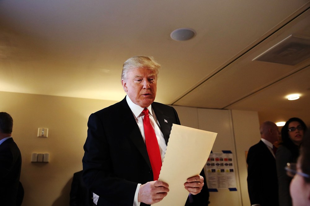 Republican Presidential candidate Donald Trump votes at his local polling station in New York's primary on April 19, 2016 in New York City. Trump is looking to win in New York after a string of losses to Senator Ted Cruz. (Photo by Spencer Platt/Getty)