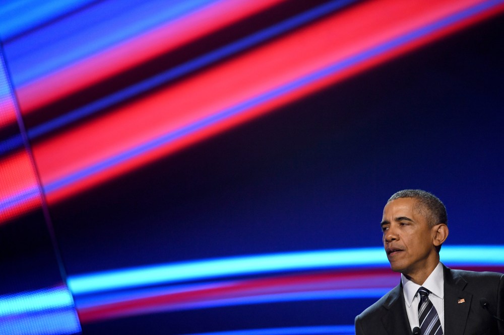 President Obama speaks at the opening evening of the Hannover Messe trade fair on April 24, 2016 in Hanover, Germany. (Photo by Alexander Koerner/Getty)