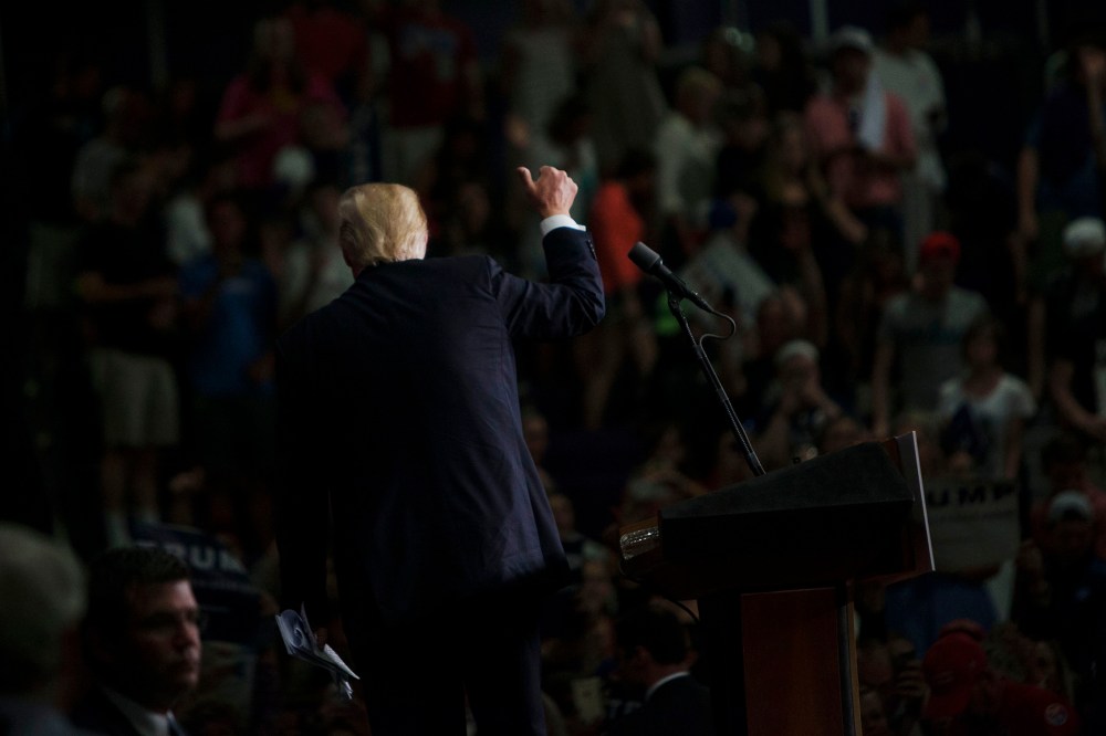 Republican presidential candidate Donald Trump gives a thumbs up to the crowd at the end of a campaign rally on April 25, 2016 at West Chester University in West Chester, Penn. (Photo by Jessica Kourkounis/Getty)
