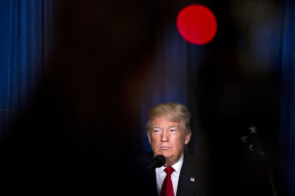 Republican presidential candidate Donald Trump pauses while speaking during an address on foreign policy at the Mayflower Hotel in Washington, D.C., on April 27, 2016. (Photo by Andrew Harrer/Bloomberg/Getty)