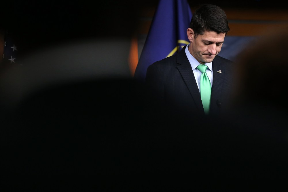 Speaker of the House Paul Ryan (R-WI) answers questions during his weekly news conference at the U.S. Capitol April 28, 2016 in Washington, DC. (Photo by Win McNamee/Getty)