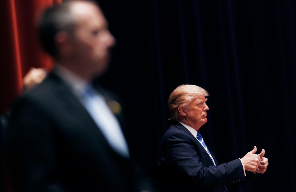 Donald Trump, president and chief executive of Trump Organization Inc. and 2016 Republican presidential candidate, gestures to attendees during a campaign event in Evansville, Ind., April 28, 2016. (Photo by Luke Sharrett/Bloomberg/Getty)