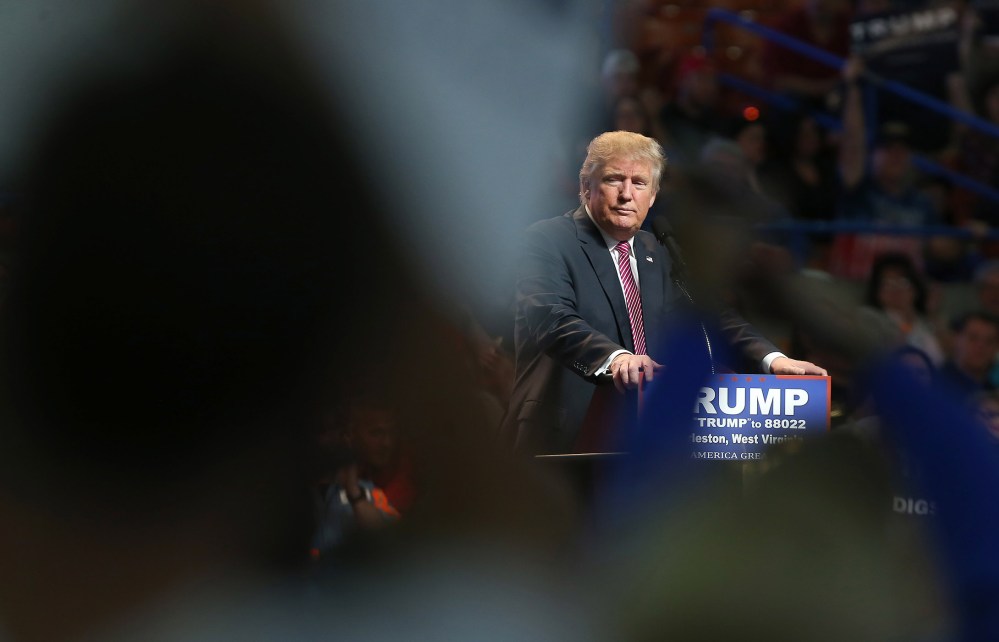 Republican Presidential candidate Donald Trump pauses during his rally at the Charleston Civic Center on May 5, 2016 in Charleston, W.V. (Photo by Mark Lyons/Getty)